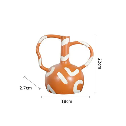 Orange ceramic geometric striped vase with white abstract handle and curved handles for living room decorbites decor