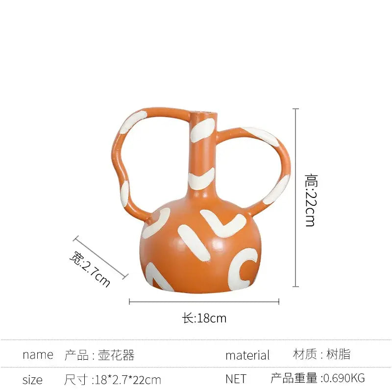 Orange ceramic geometric striped vase with abstract handle white patterns decorbites living room decor