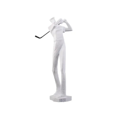 White resin golf player sculpture with black club on matching base for decorbites golf player living room decor