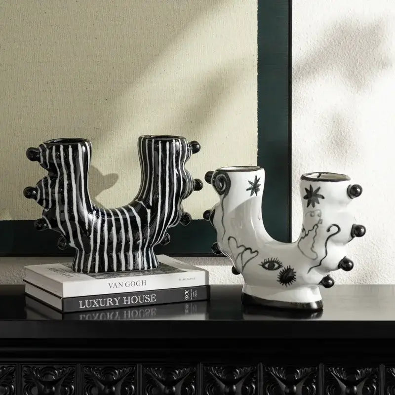 Black and white decorbites graffiti ceramic vase with abstract organic shapes and decorative black spheres for living room decor