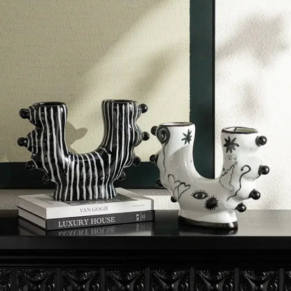 Black and white decorbites graffiti ceramic vase with abstract organic shapes and decorative black spheres for living room decor