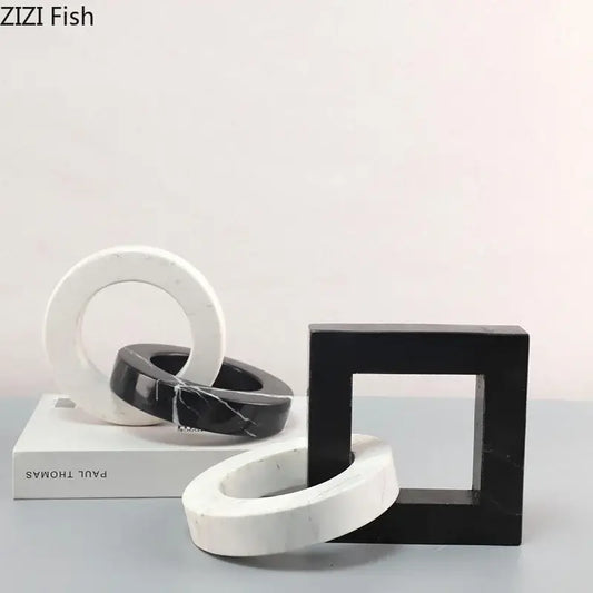 Abstract black and white marble geometric knot square ring statue for living room decor with elegant abstract square ring design