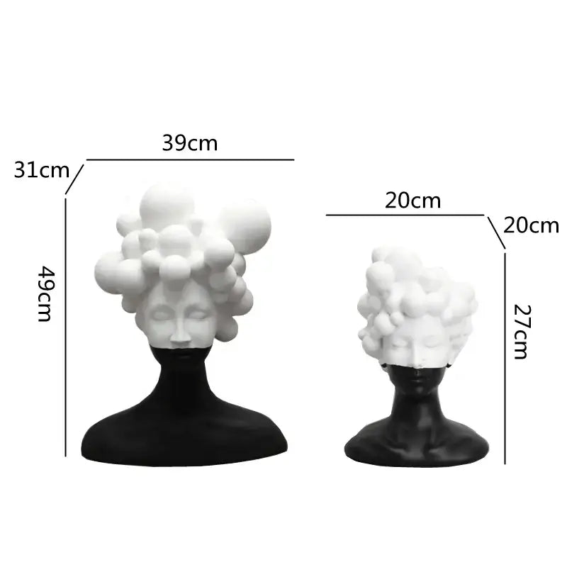 Two minimalist abstract woman figurine resin sculptures with black bodies and white bubble-like hair for living room decorbites decor