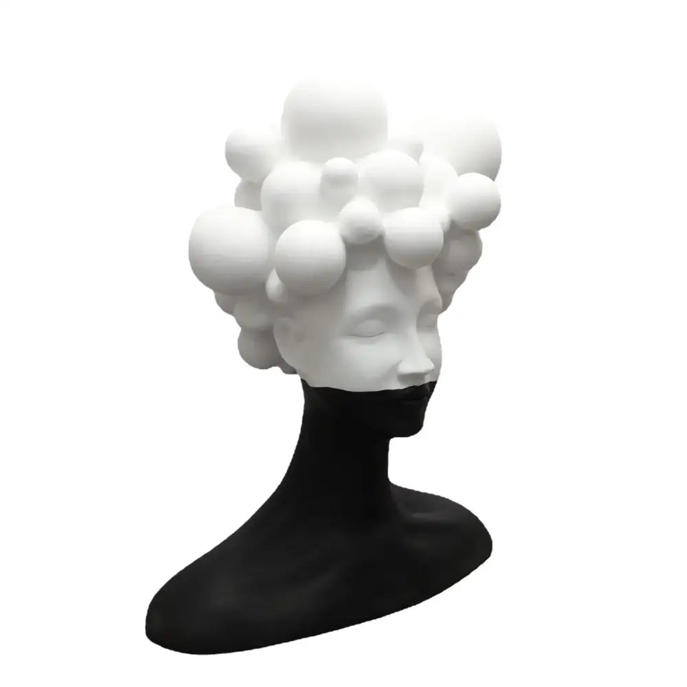 White sculpted woman figurine resin sculpture with bubble-like hairstyle and black neck base for living room decorbites abstract woman
