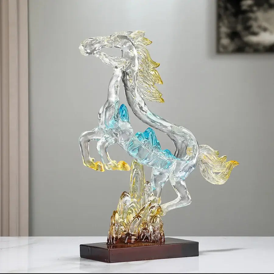 Abstract blue and gold crystal horse statue decorbites horse statue with flowing mane on dark wooden base for living room decor