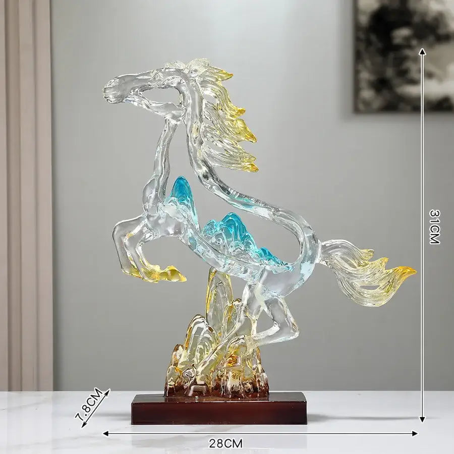 A translucent decorbites crystal horse statue with flowing yellow and blue accents on a dark wooden base for living room decor