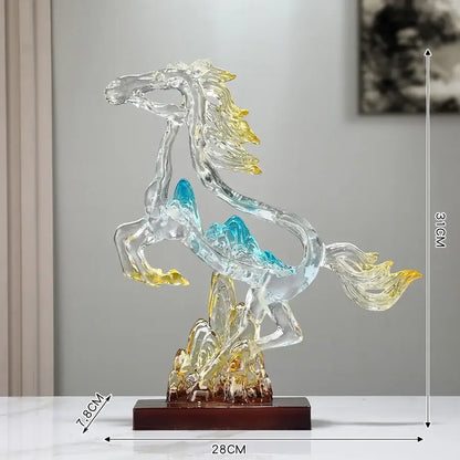 A translucent decorbites crystal horse statue with flowing yellow and blue accents on a dark wooden base for living room decor