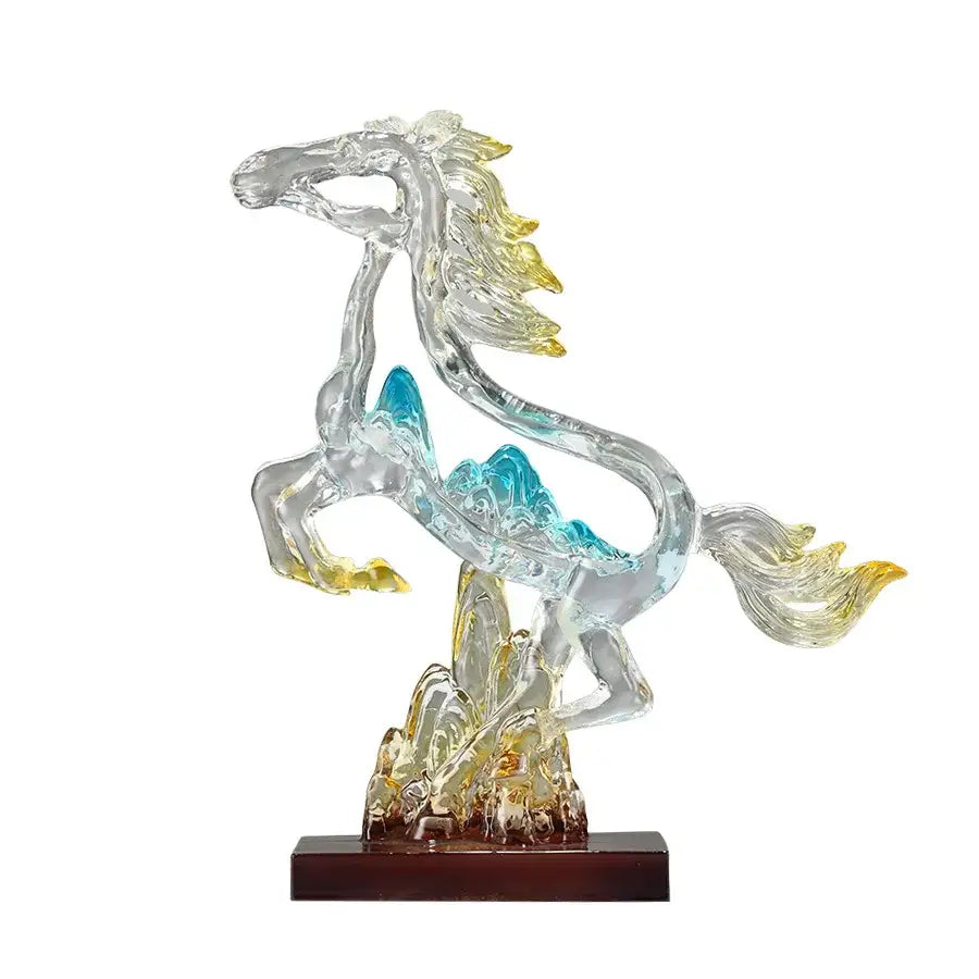 Translucent glass crystal horse statue with blue and gold flowing mane decorbites crystal horse for living room decor