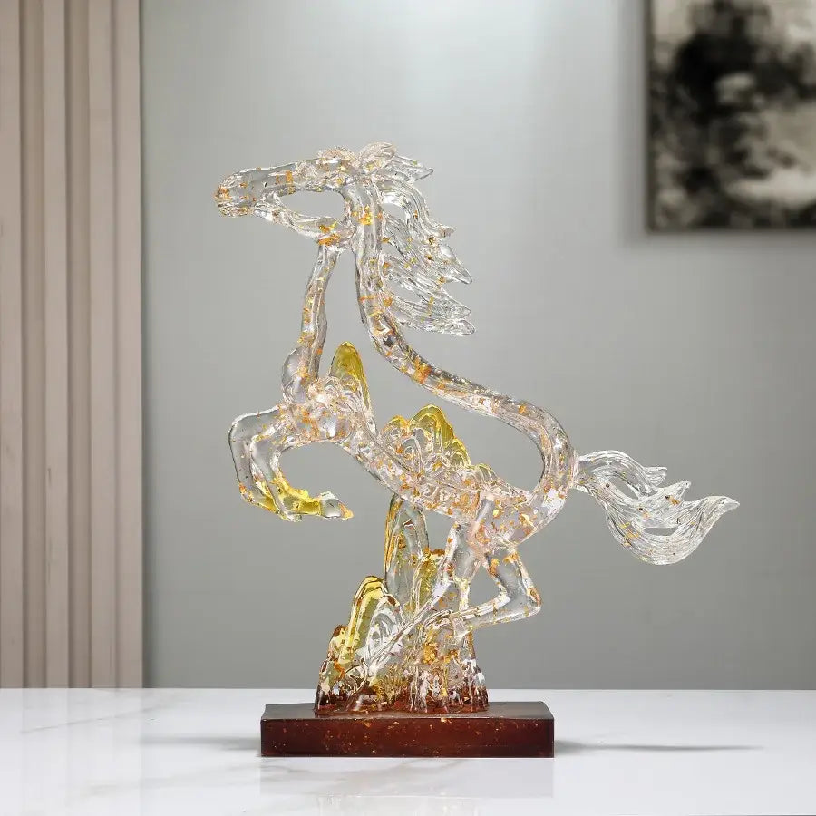 Transparent glass abstract blue and gold decorbites crystal horse statue with golden accents on dark wooden base for living room decor
