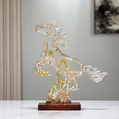 Transparent glass abstract blue and gold decorbites crystal horse statue with golden accents on dark wooden base for living room decor