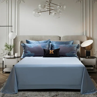 Light blue satin bed sheet with subtle sheen draped over mattress in abstract blue gray 1500tc jacquard egyptian cotton bedding set