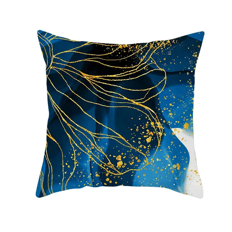 Square cushion cover with blue ink background featuring flowing gold edge lines and scattered golden speckles for living room