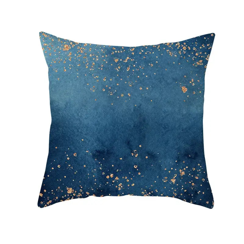 Square cushion cover with abstract blue ink gradient background and scattered gold edge foil speckles for living room