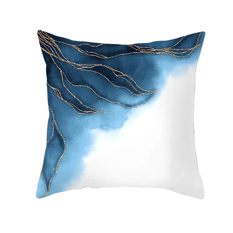 Square throw pillow with blue ink gradient and gold edge cushion cover ideal for living room decor