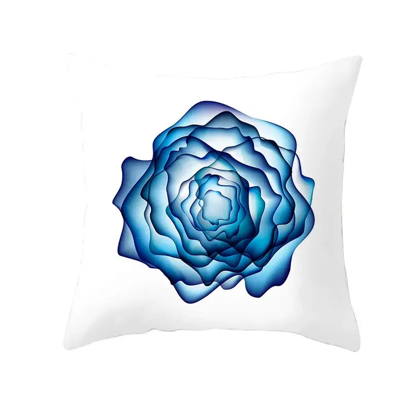 White cushion cover with a multi-layered blue ink rose design and gold edge for living room décor
