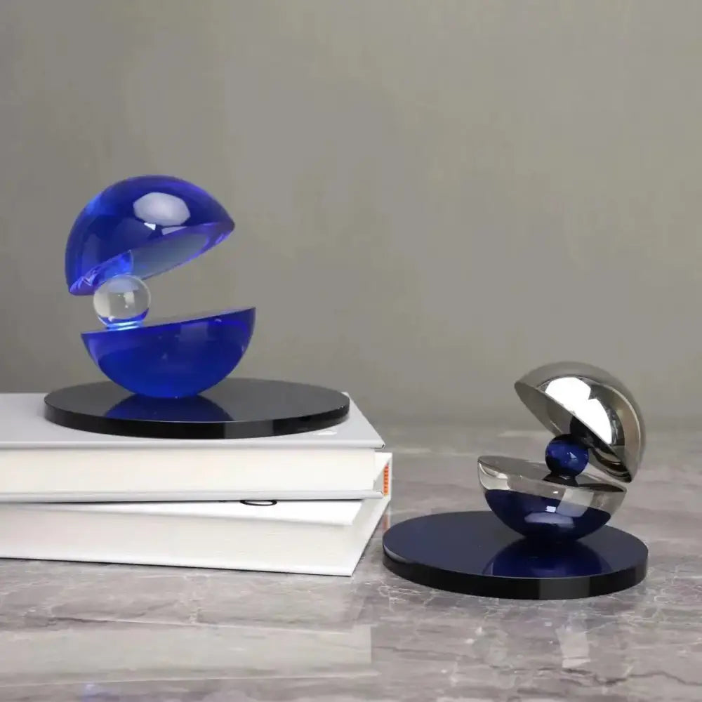 Abstract blue and silver semi-circle ornaments with transparent glass centers for home decor using decorbites crystal glass