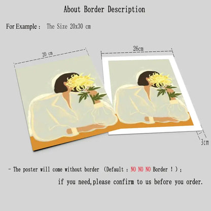 Illustrated wall art poster with abstract girl hand holding yellow flowers in light clothing printed on paper for living room decor