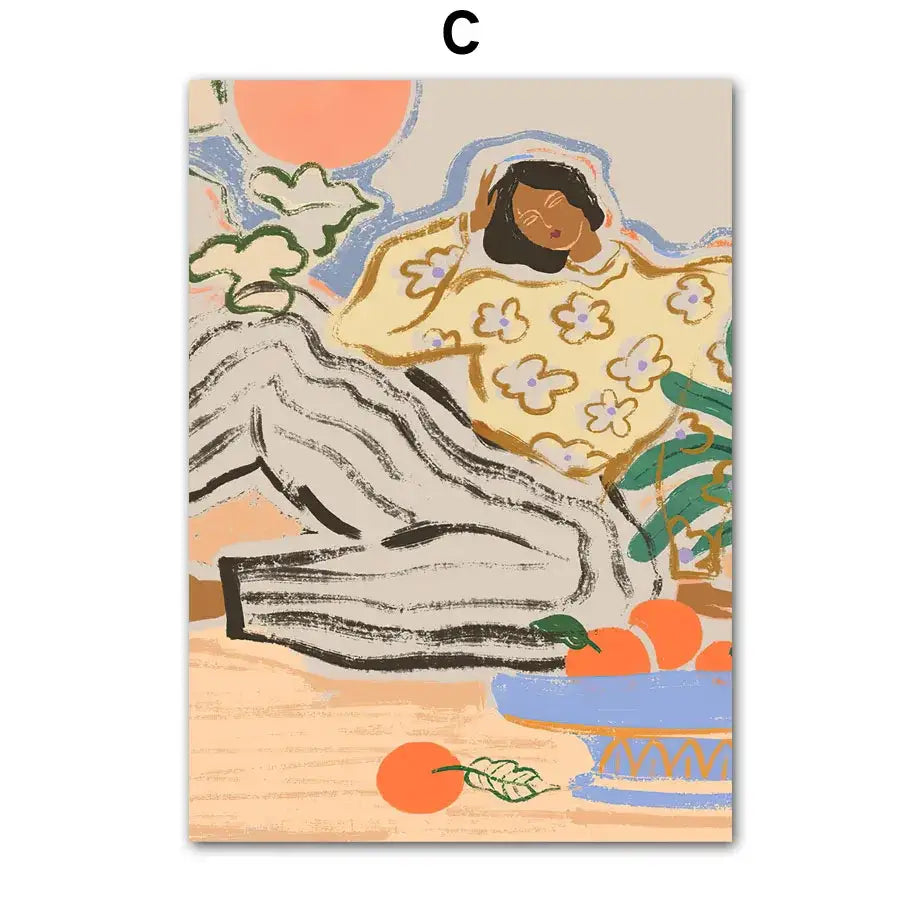 A stylized abstract girl hand canvas painting of a woman in a yellow floral sweater with oranges for wall art