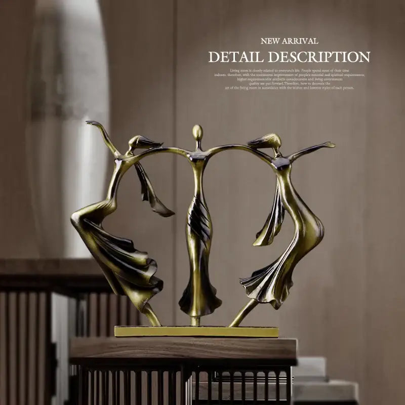Bronze-colored abstract decorbites dancing couple sculpture of three stylized dancers for living room decor