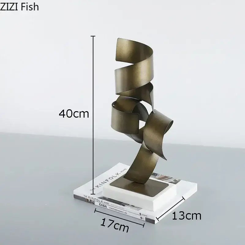 Abstract bronze irregular crimp metal sculpture with spiraling modern design for living room decor