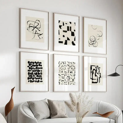 DecorBites™ 6 black ink beige abstract poster prints on canvas paper in sleek silver frames for modern decor