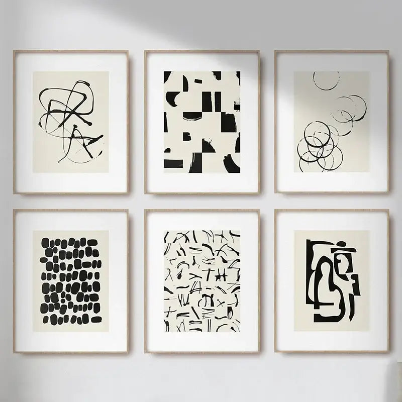 Set of six DecorBites™ beige abstract canvas poster prints in minimalist black and cream with light wood frames