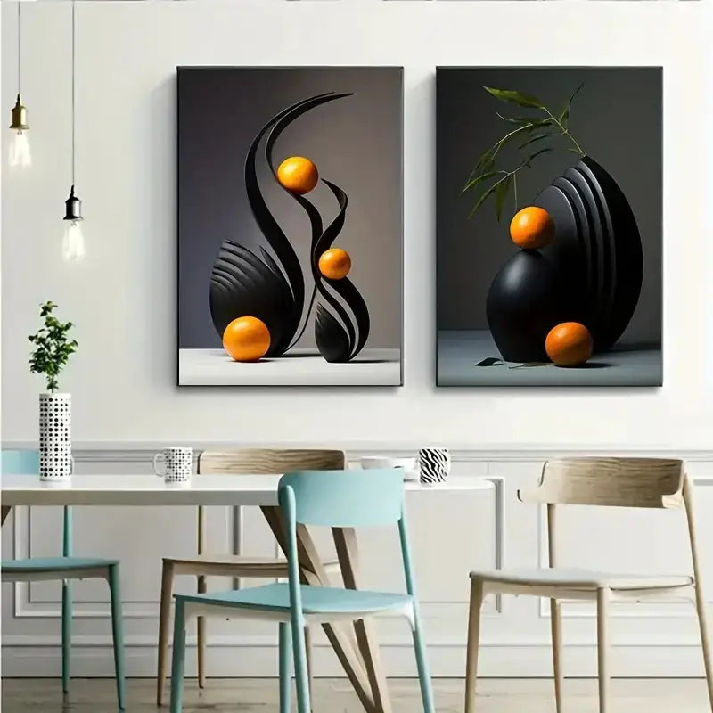 Decorbites™ abstract canvas print featuring glossy orange spheres and 3d sculpture forms on dark gray background