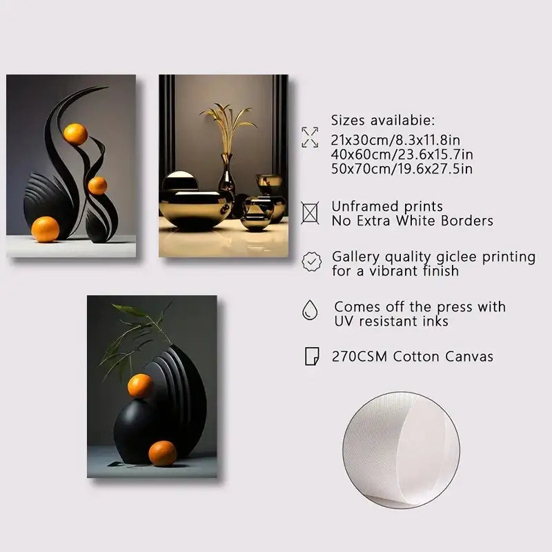 Black abstract canvas print featuring glossy orange spheres and curved ribbed surfaces in a 3d sculpture wall art set