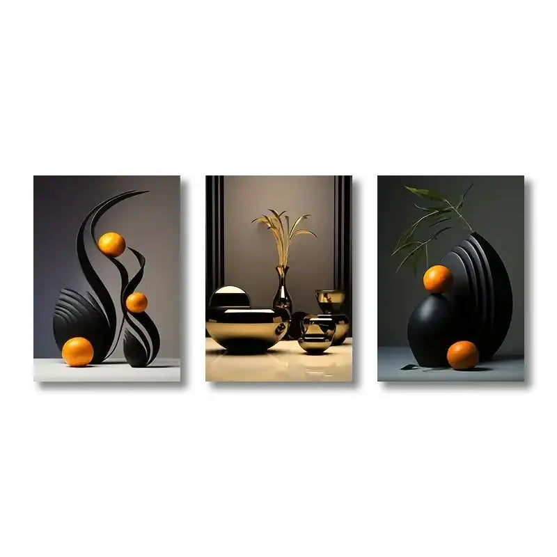 Decorbites™ abstract canvas print set featuring three modern abstract canvas prints with black forms and orange spheres