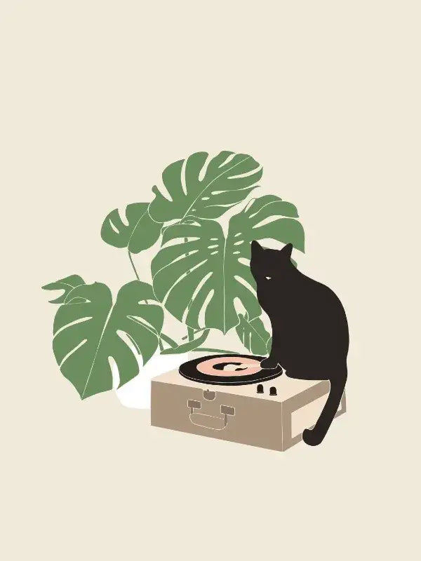 Decorbites™ abstract lazy cat canvas wall art featuring a black lazy cat illustration on a beige vintage record player background with green monstera leaves