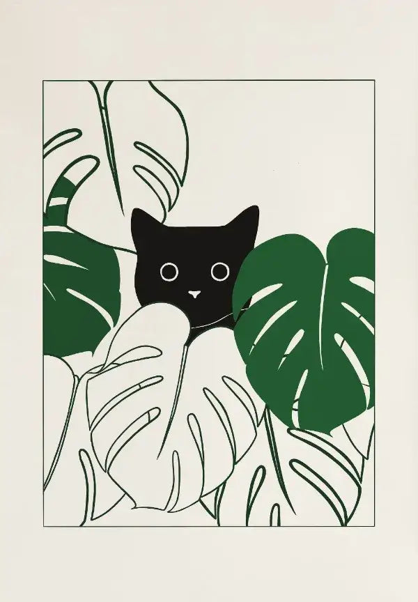 Minimalist black lazy cat illustration peeking through green and white monstera leaves on canvas wall art decorbites