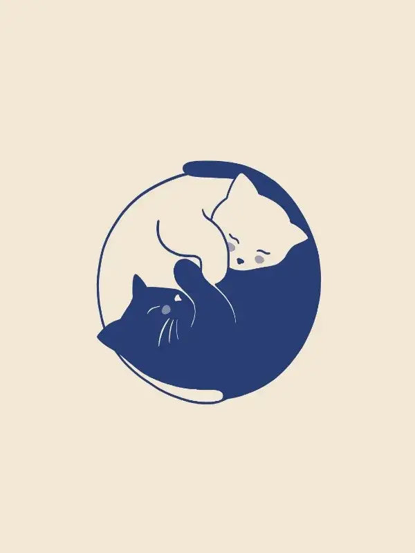 Minimalist abstract lazy cat illustration of two white and navy blue cats in a yin-yang design on canvas wall art