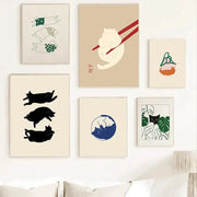 Set of six minimalist DecorBites™ abstract lazy cat canvas wall art with soft beige backgrounds and colorful illustrations