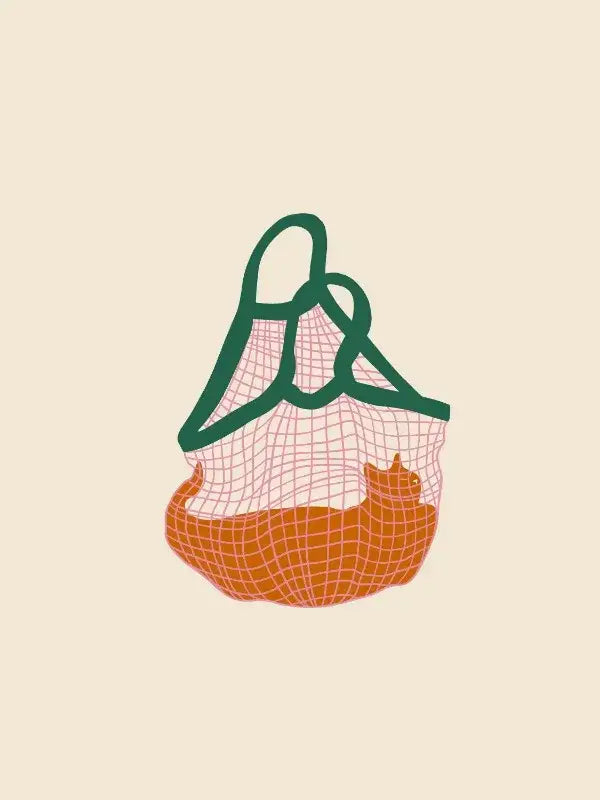 Stylized illustration of a reusable mesh shopping bag with green handles and orange interior for lazy cat decorbites wall art