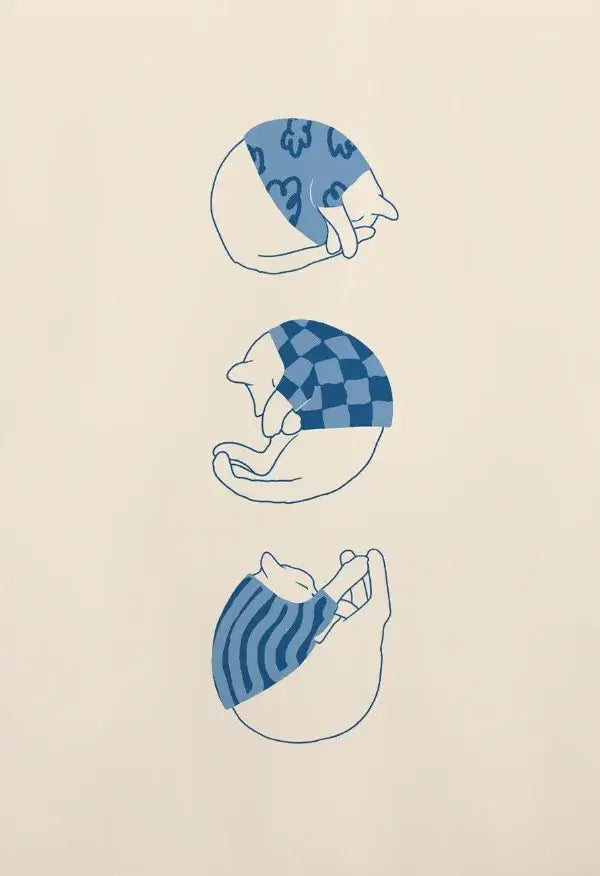 Decorbites™ abstract lazy cat canvas wall art featuring three minimalist sleeping cats wrapped in blue patterned fabrics