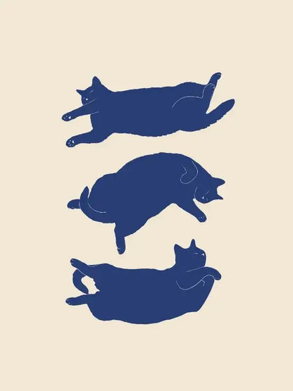 DecorBites™ abstract lazy cat canvas wall art featuring three navy blue stylized cat silhouettes on beige background