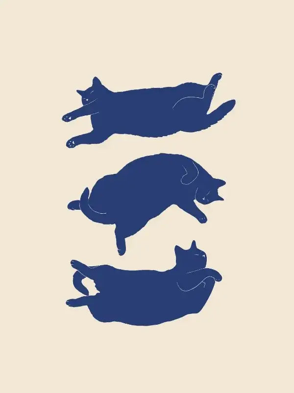 DecorBites™ abstract lazy cat canvas wall art featuring three navy blue stylized cat silhouettes on beige background
