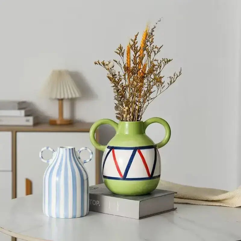 Abstract ceramic hydroponic lime green vase with double ear handles and red blue white geometric pattern