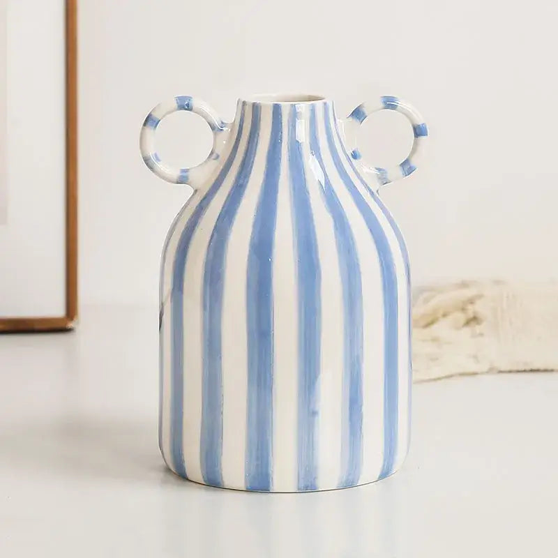 Abstract ceramic hydroponic vase black with blue and white vertical stripes and double ear handles for hydroponic use