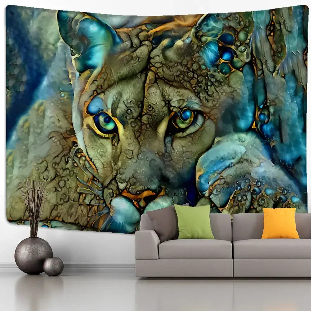 Abstract colorful tiger oil painting tapestry featuring a close-up cougar with teal and gold eyes on swirling blues and greens