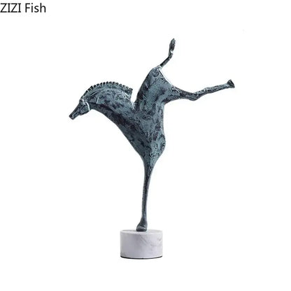 Antique bronze-colored decorbites iron horse statue in mid-leap pose on white marble base for living room decor
