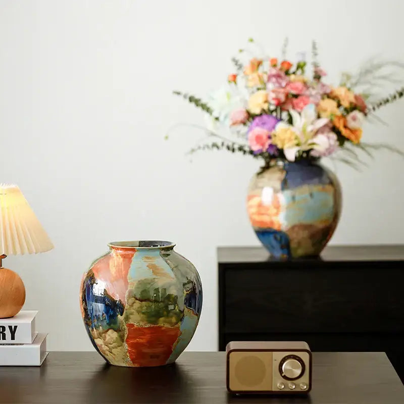 Abstract floral design hand-painted decorbites ceramic vase with multicolored color stitching for living room decor