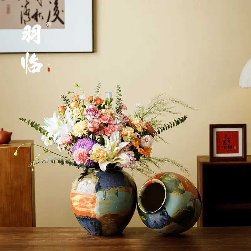 Abstract floral design hand-painted ceramic vase with color stitching glaze in blue orange and green for living room decorbites decor