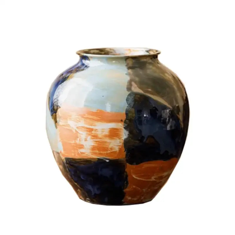 Glossy decorbites ceramic vase with rounded body and abstract orange blue and dark brown floral design for living room decor