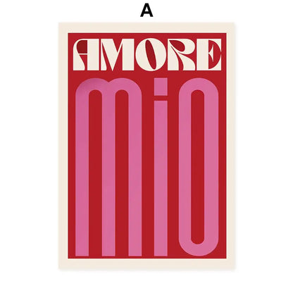 A bold red and pink DecorBites™ abstract flowers wall art print canvas featuring modern amore mio typography