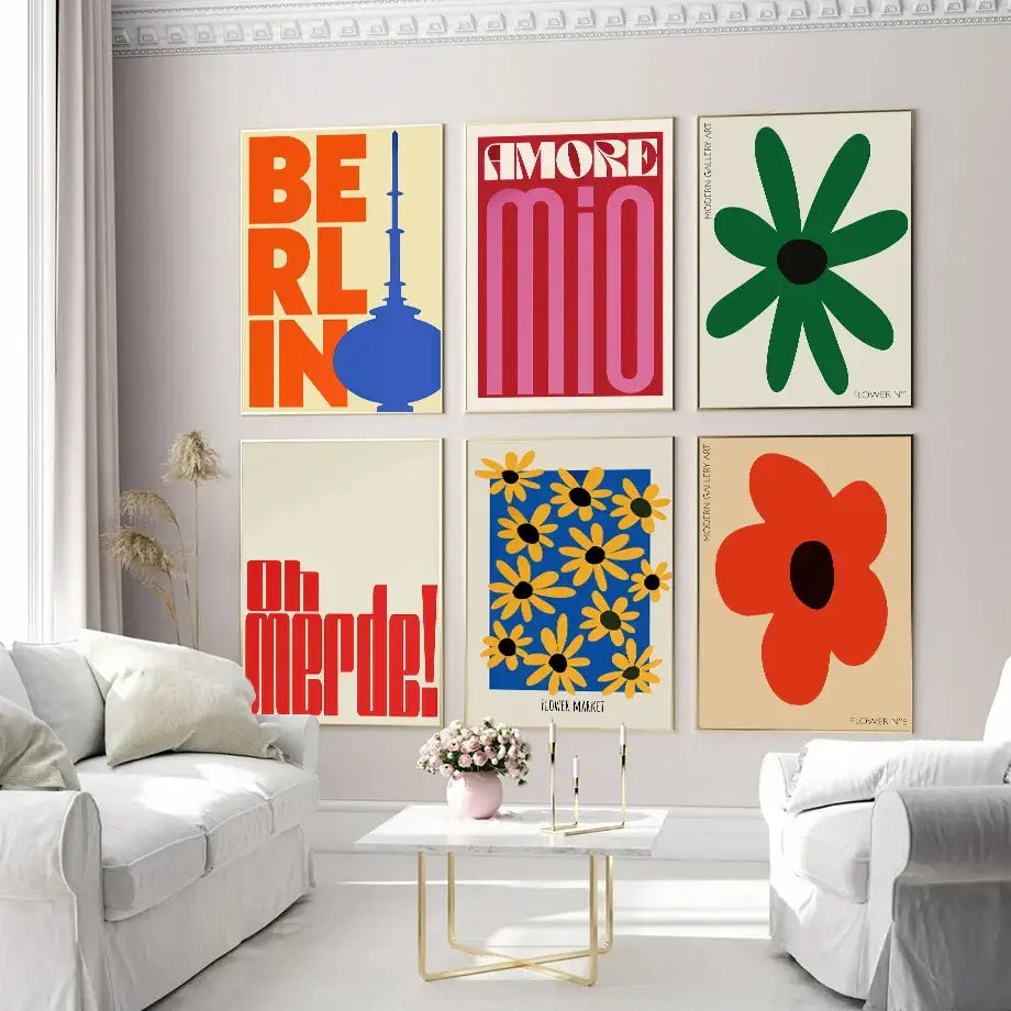 Set of six decorbites™ abstract flowers wall art prints with bold typography and vibrant floral designs on canvas