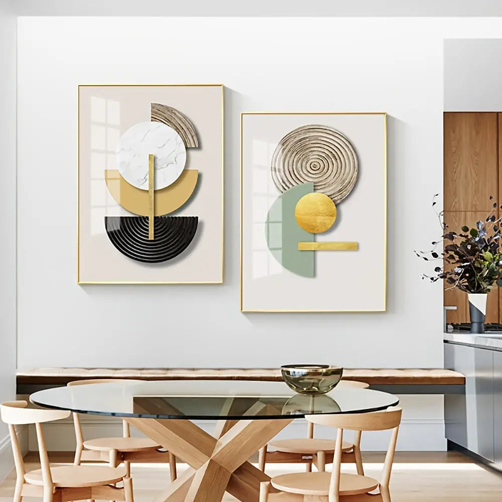 Modern abstract geometric canvas art set by DecorBites featuring gold black white marble and muted green tones in minimalist frames