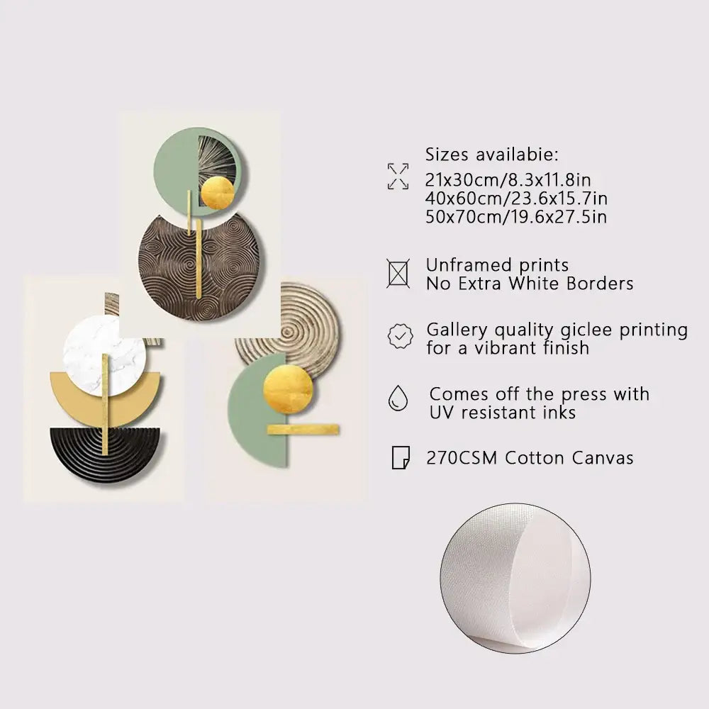 Modern abstract geometric canvas art set with layered circular shapes in muted green gold black white and brown on cotton canvas