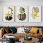 Decorbites™ abstract geometric canvas art set featuring three modern gold black and muted green geometric canvas art pieces