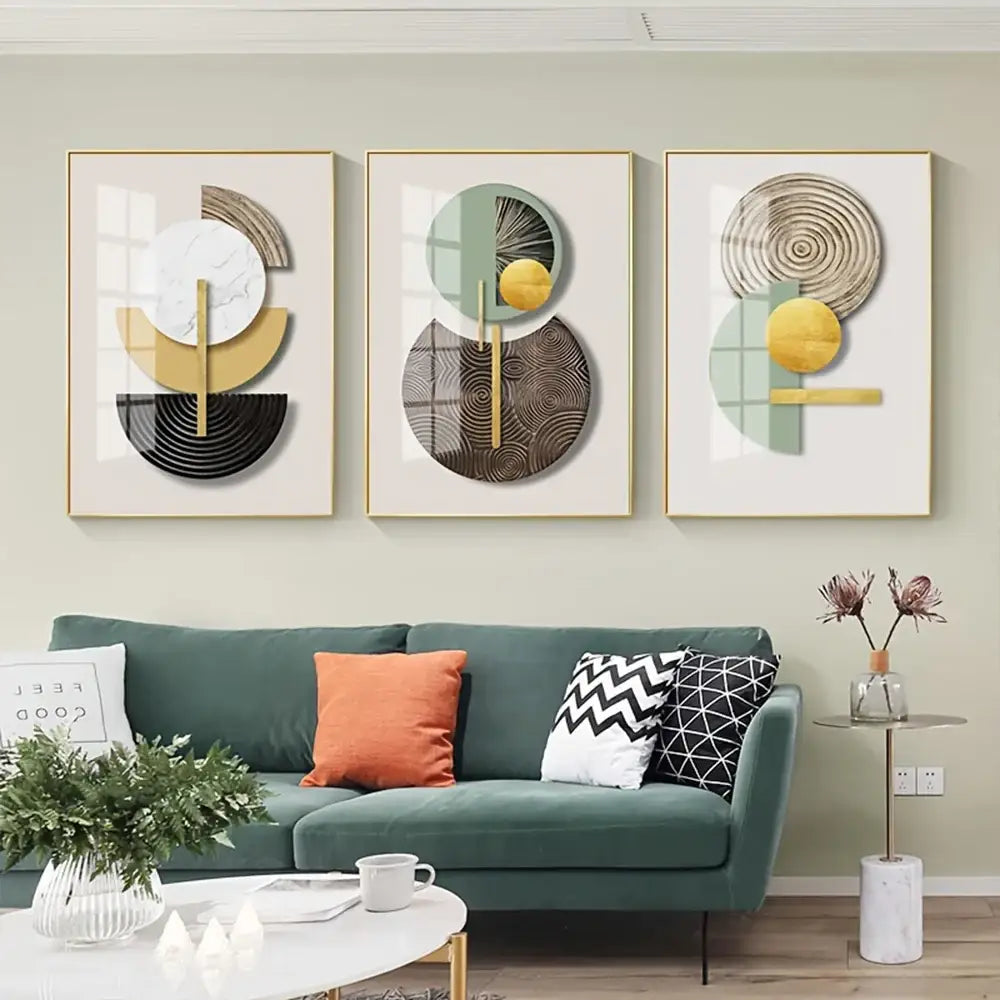 DecorBites™ abstract geometric canvas art set featuring three modern gold black white marble and muted green pieces